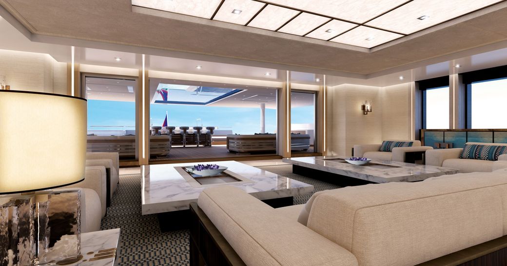 seating area in a salon aboard motor yacht Illusion Plus
