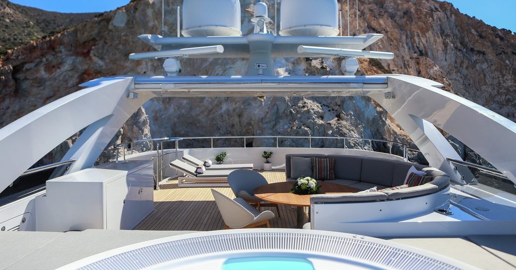 seating area under the radar arch on the sundeck of charter yacht G3