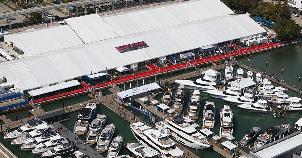 Aerial view looking down on the Miami International Boat Show 