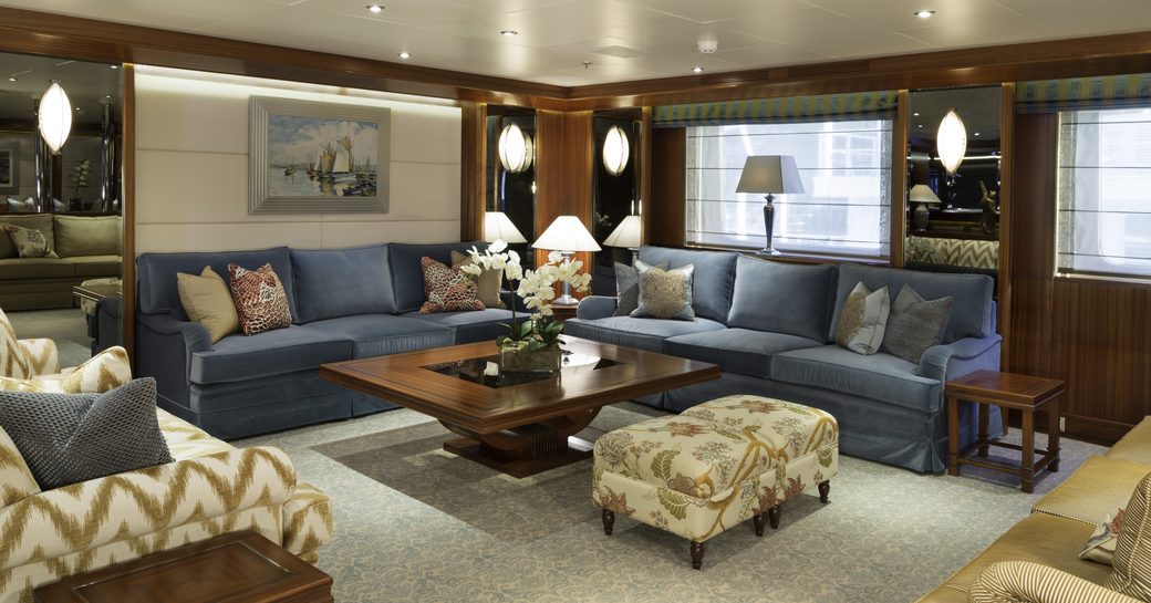New lounging area in main salon of luxury yacht Lauren L
