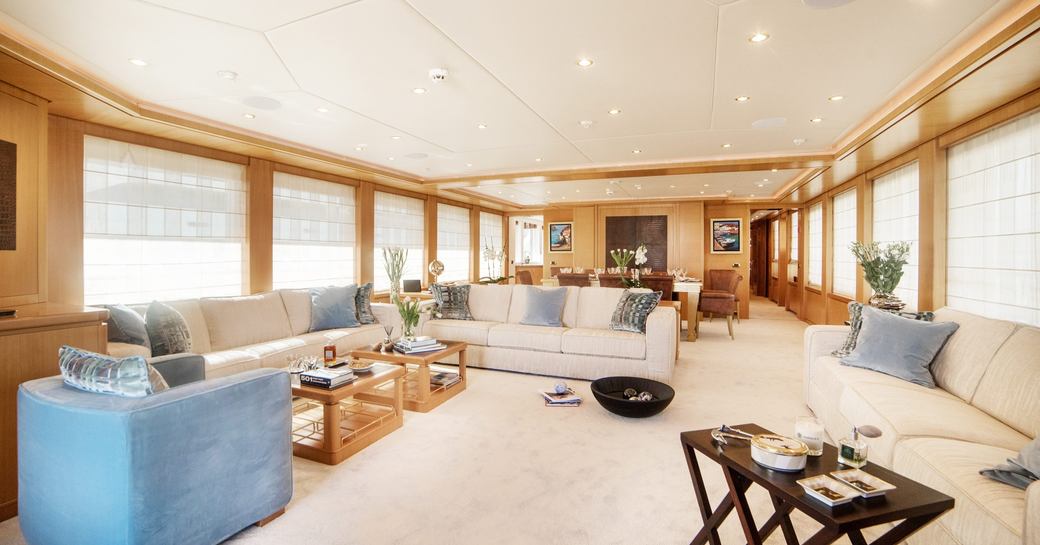 sumptuous sofas in the main salon of luxury yacht OASIS