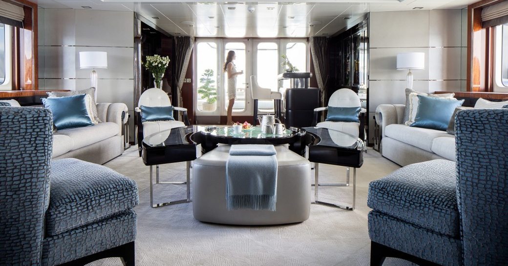 Modern Art Deco styling in the beautiful main salon aboard motor yacht TURQUOISE