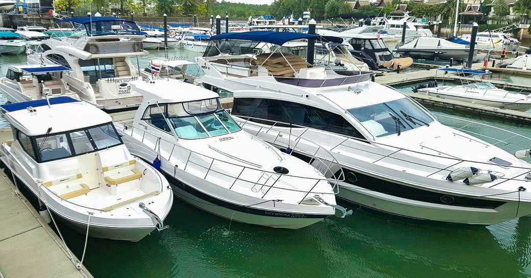 Gulf Craft yachts line up in the Royal Phuket Marina for the Phuket Rendezvous