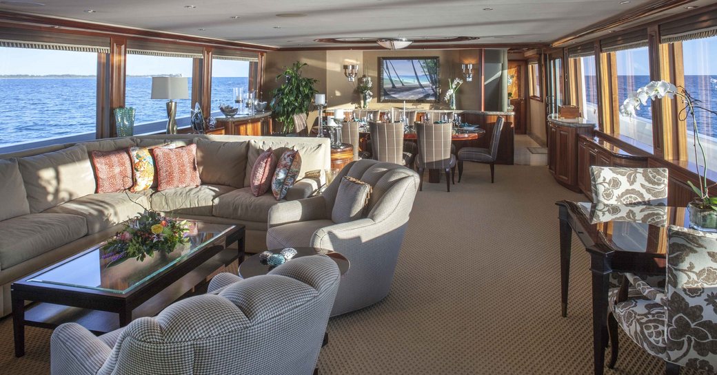 lounge and dining area further forward on board superyacht AMITIÉ 