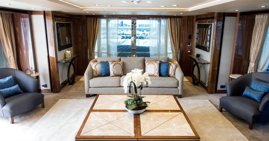 soothing main salon on board motor yacht ‘Princess AVK’ 