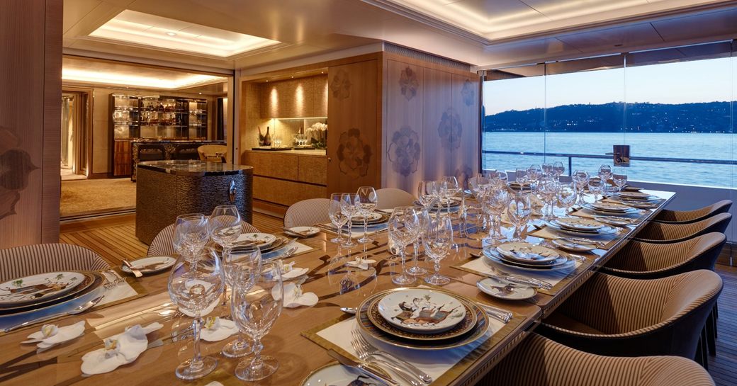 banquet dining area in the winter garden of charter yacht JOY