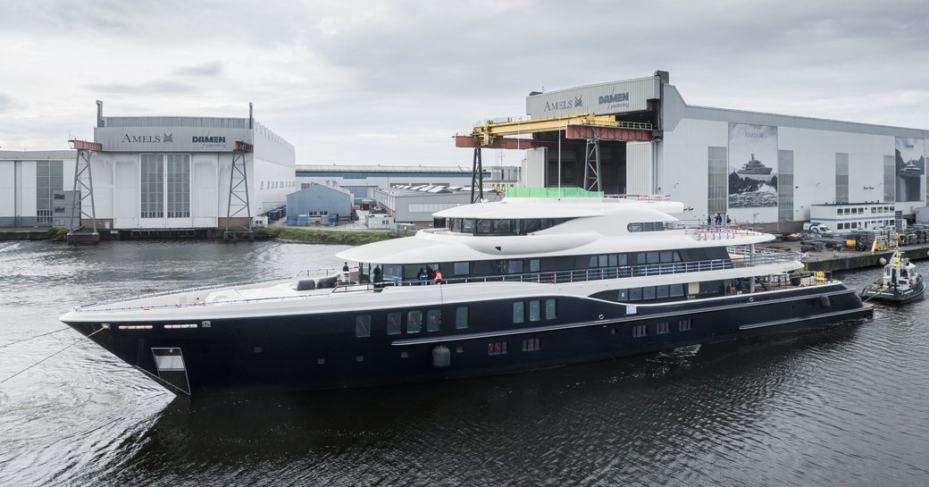 An Amels Limited Editions 242 being launched at Damen Yachting facility