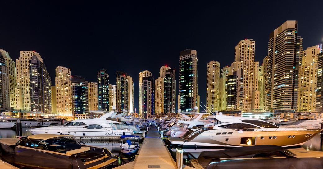 enjoy great views at the harbour on a dubai luxury yacht charter vacation