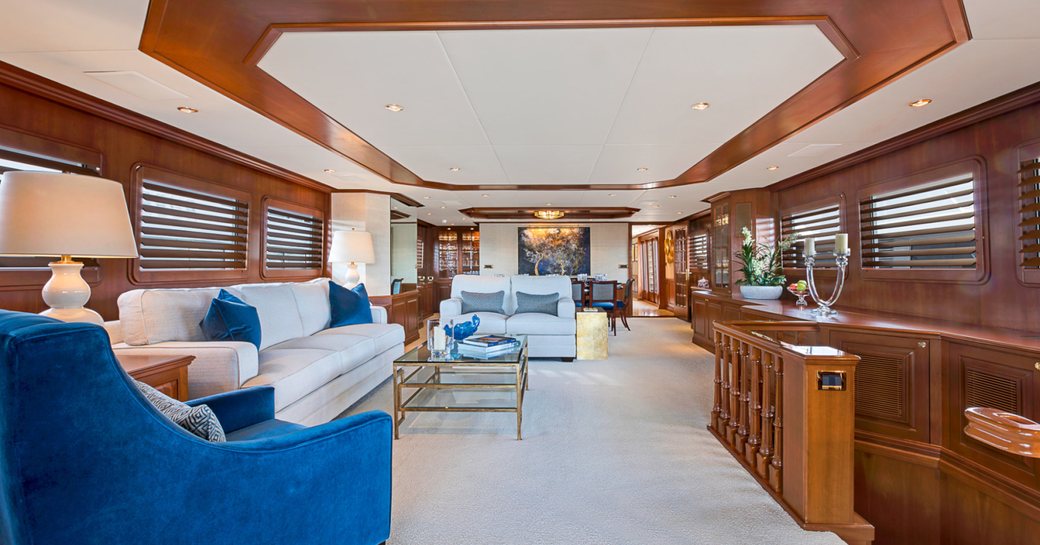 timeless, clean and crisp styling of the main salon on board charter yacht PRAXIS 