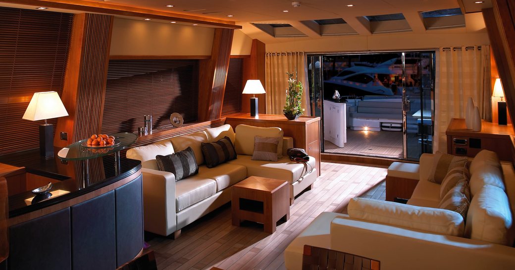 lounge in main salon on board superyacht ‘Casino Royale’ 