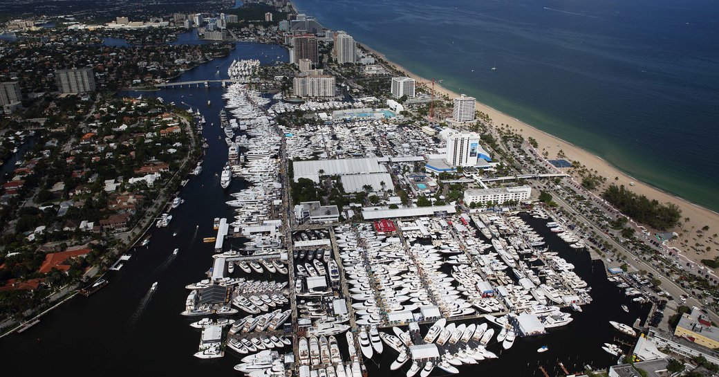 hundreds of boats lined up in Fort Lauderdale for FLIBS