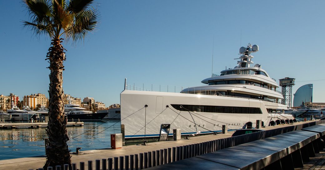 Superyacht berthed in Port Vell marina, Barcelona, during the MYBA Charter Show.