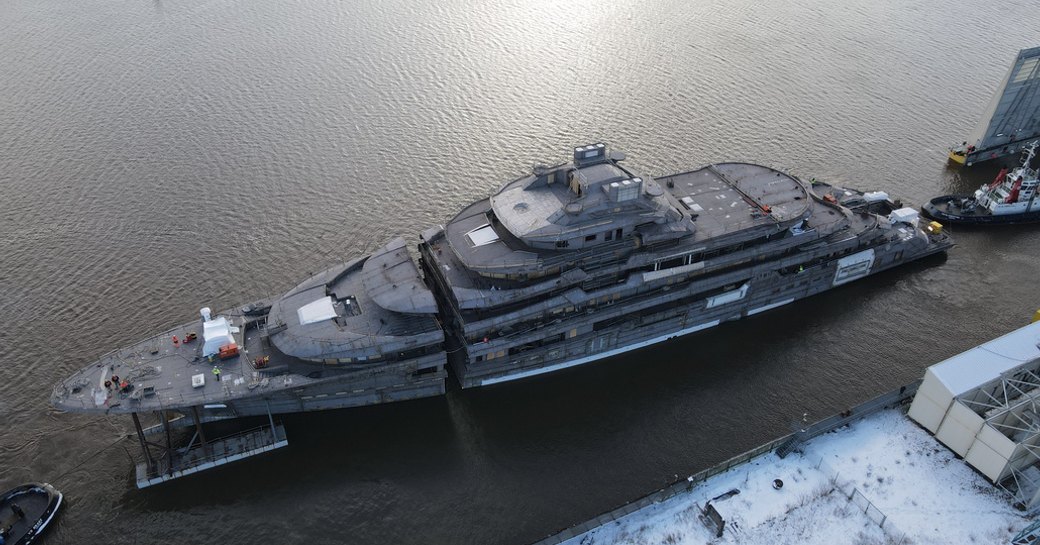 Aerial view of superyacht LUMINANCE in the process of having her hull joined