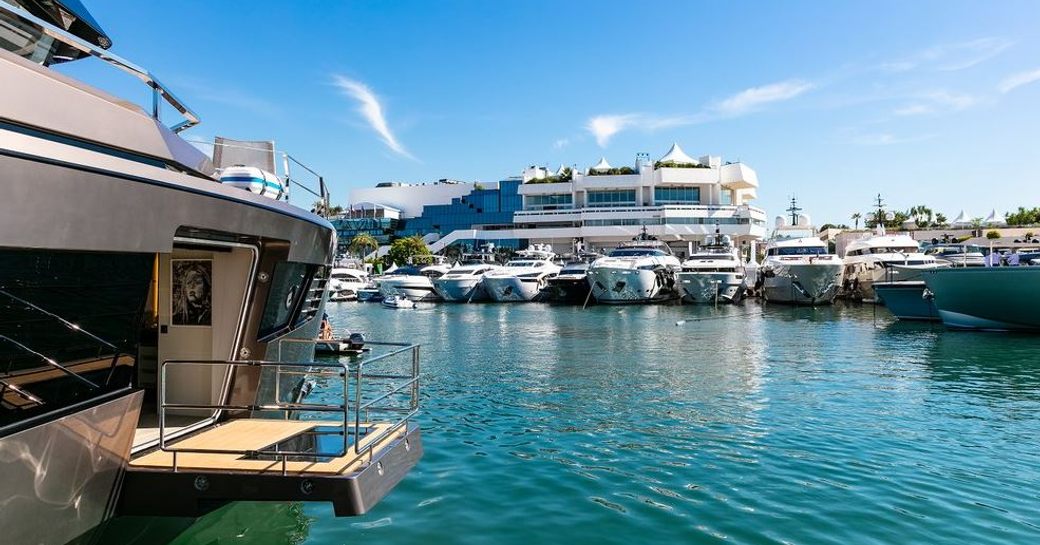The marina of Vieux Port in Cannes, French Riviera with boats attending the Cannes Yachting Festival 2018
