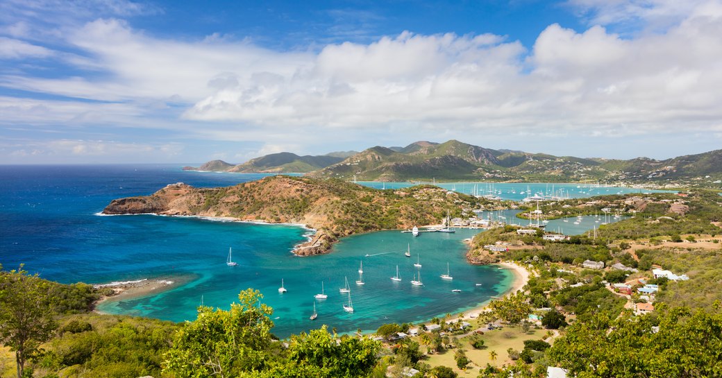 Aerial view of Virgin Islands with charter yachts in the foreground