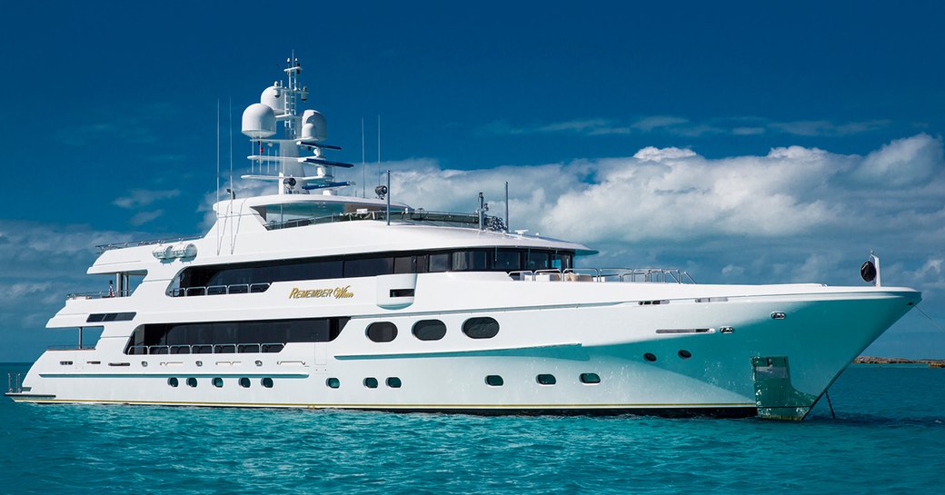 motor yacht Remember When anchors in the Caribbean while on a luxury yacht charter
