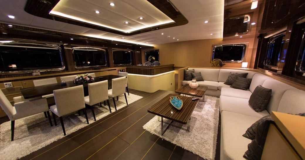contemporary main salon on board charter yacht ‘Le Pietre’ 
