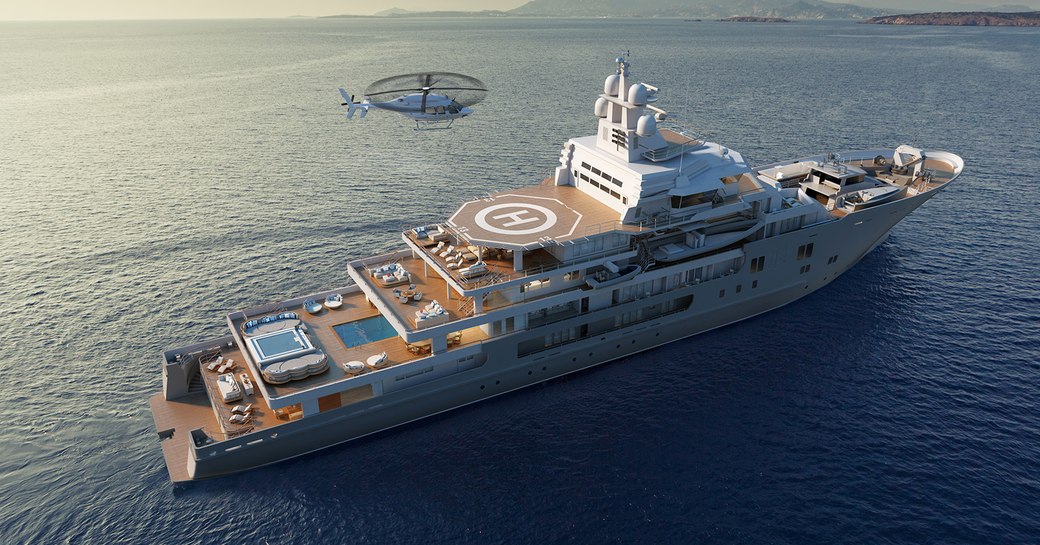 Luxury yacht ANDROMEDA, with helicopter above aft decks