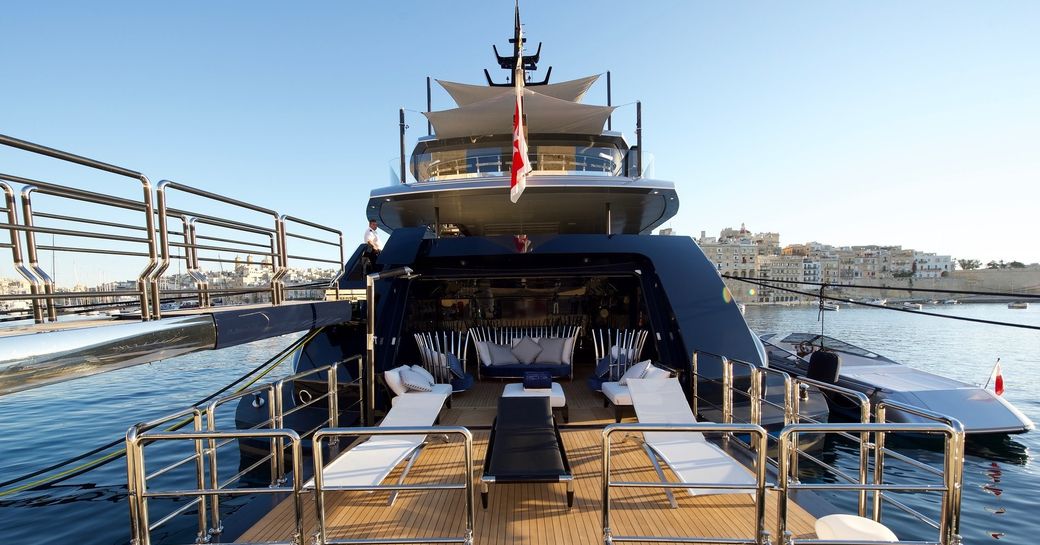 fold-down swim platform and beach club on board superyacht SARASTAR 