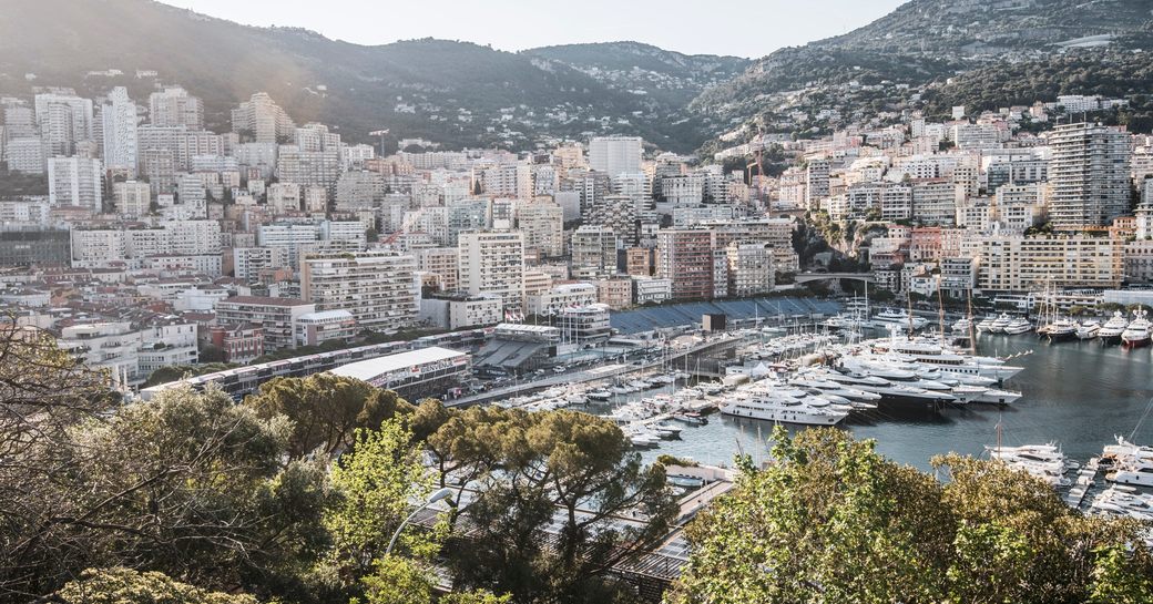 Port Hercules in Monaco during the Monaco E-Prix, with many luxury yacht charters berthed