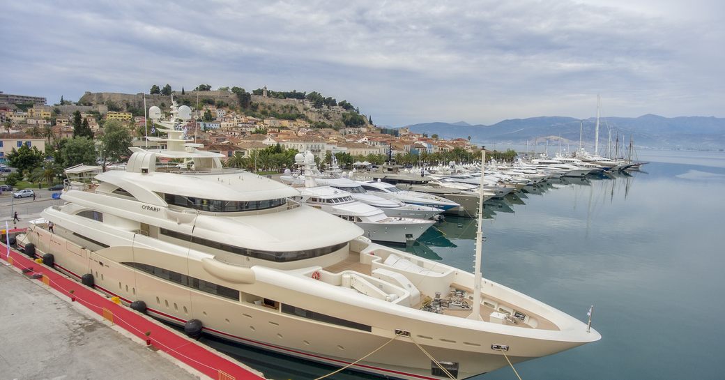 A line-up of the yachts which attended the Mediterranean Yacht Show 2016 in Nafplion, Greece