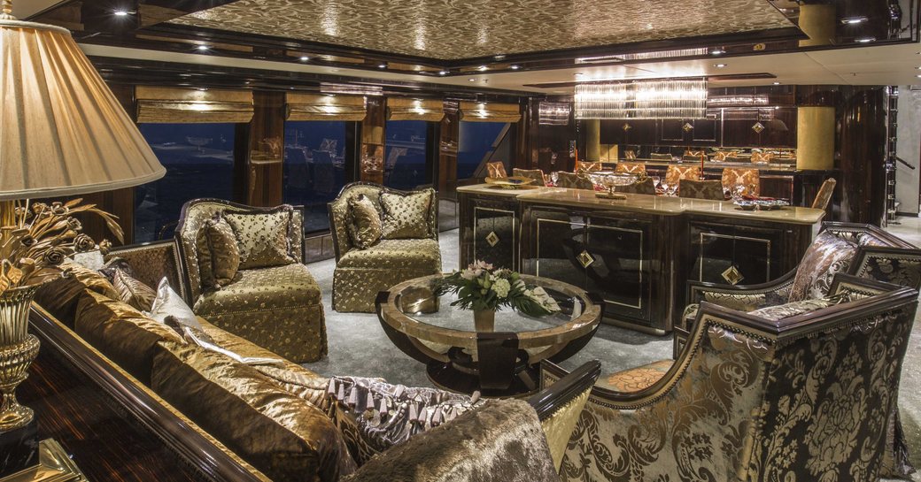 opulent main salon with mother of pearl ceiling aboard superyacht ‘Lady Bee’ 