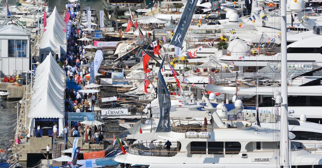 Superyachts line up at the Monaco Yacht Show 2016