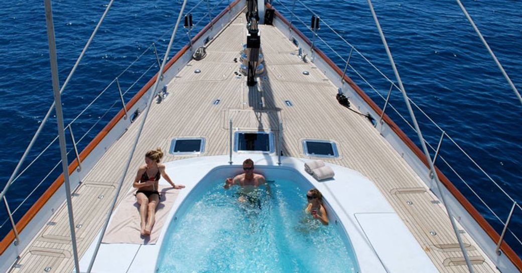 Overview of the swimming pool onboard charter yacht PRANA