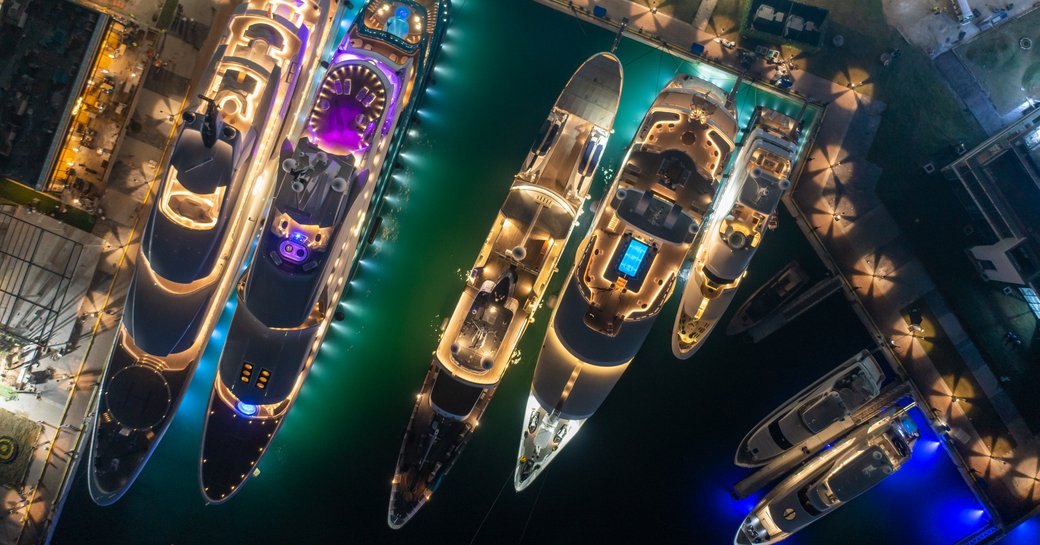 Aerial view of yachts in port at the new Jeddah Marina in Saudi Arabia at night