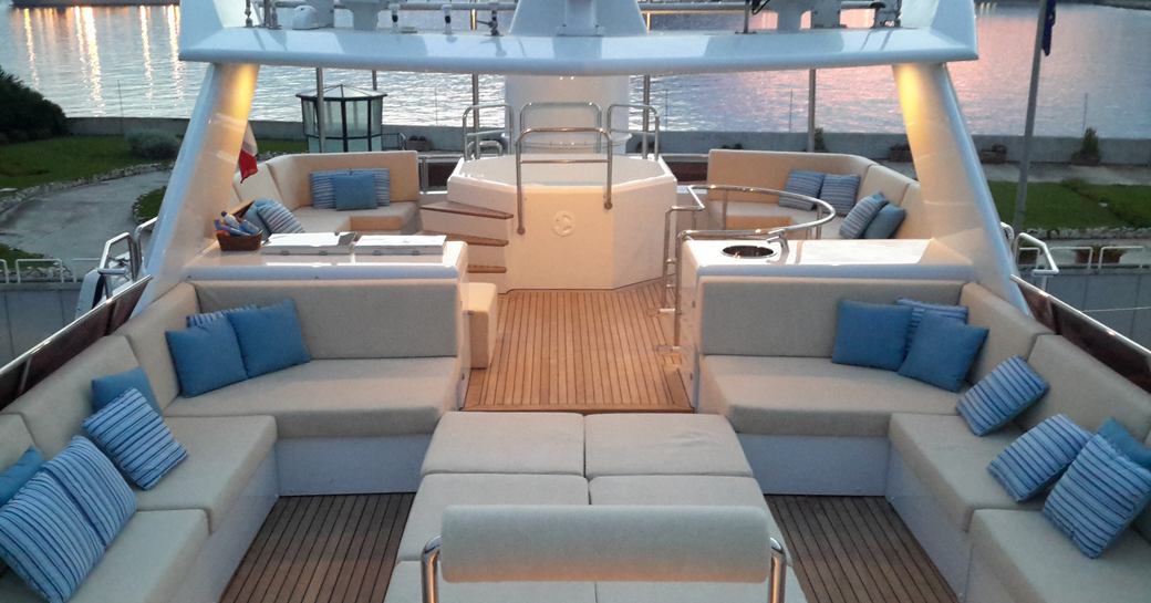 seating areas and Jacuzzi on board sundeck of motor yacht LADYSHIP 