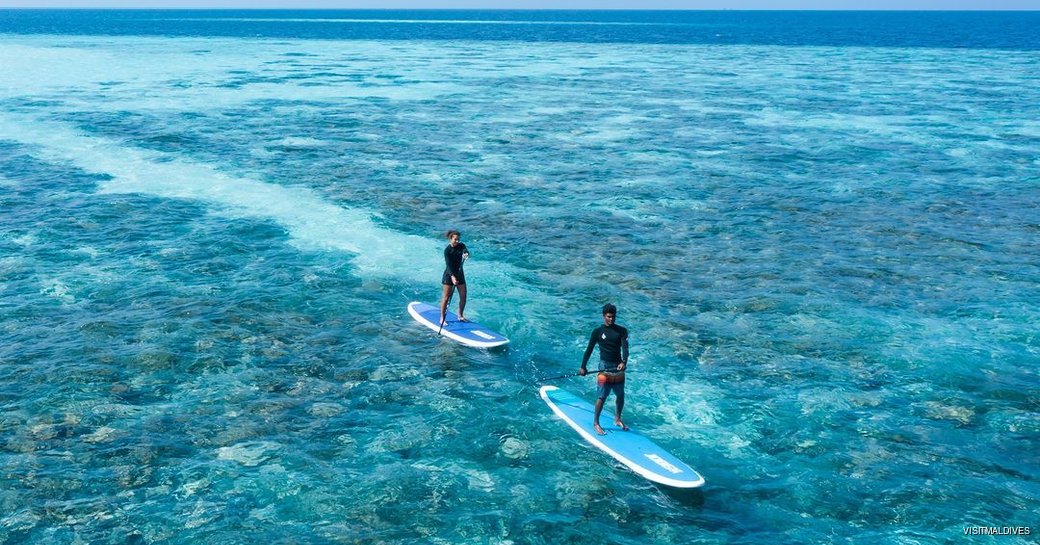 a couple paddle boarding in the maldives