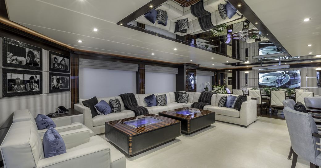 cool and contemporary main salon on board luxury yacht King Baby 