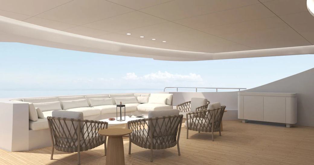 Exterior lounge area rendering on the aft main deck of charter yacht MAESTRO