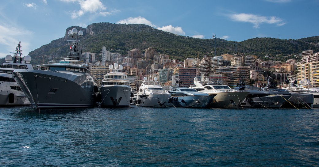 Yachts moored i=at the Monaco Yacht Show 2021 