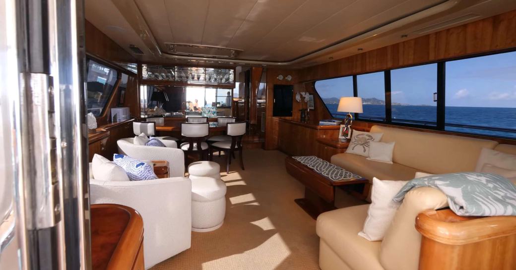 Overview of the main salon onboard charter yacht QARA