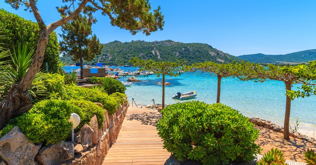 Coastal promenade along Santa Giulia beach, Corsica island, France