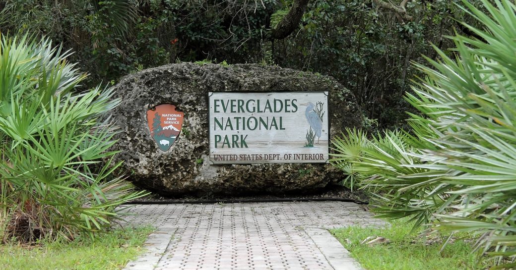 Everglades National Park sign on a rock, Florida