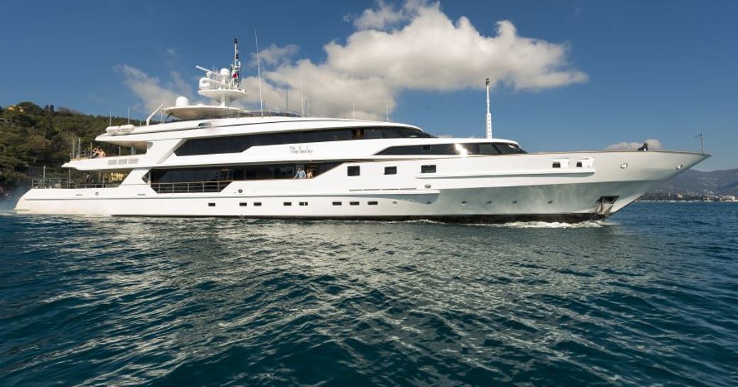 superyacht ‘The Wellesley’ anchored on a luxury yacht charter in the Mediterranean