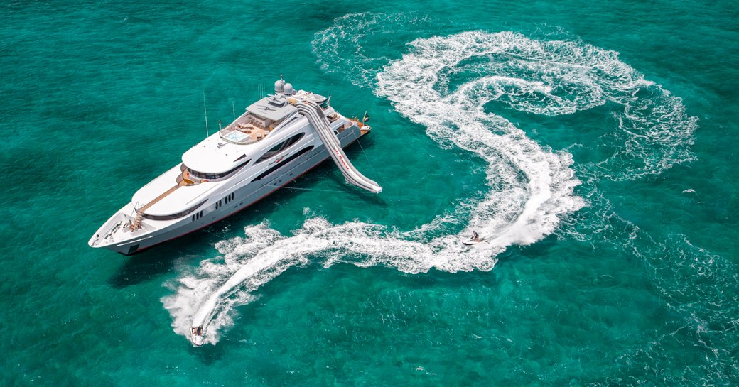 An aerial shot of luxury yacht 'Zoom Zoom Zoom'
