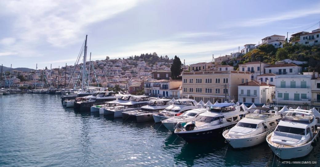 Line of boat charters berthed at Poros Port