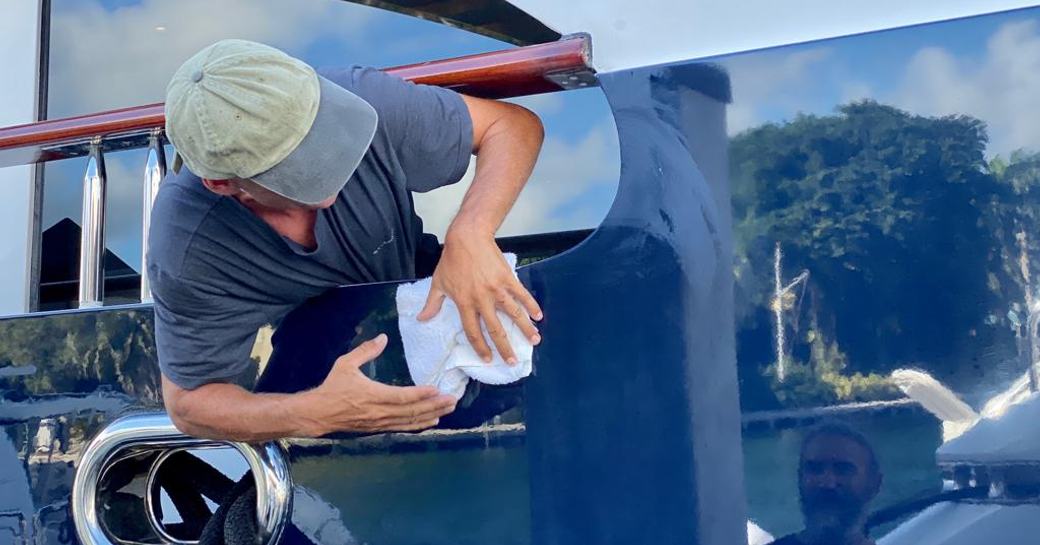 Superyacht getting polished and cleaned at FLIBS 2019