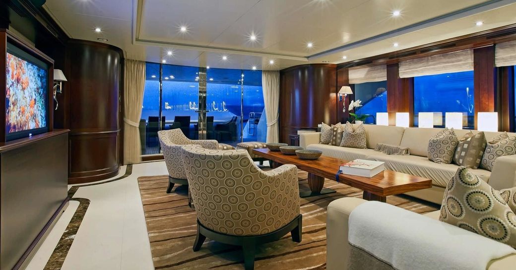 cherrywood main salon aboard motor yacht ‘Pure Bliss’ 