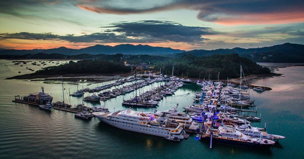 Marina in Phuket with superyachts berthed