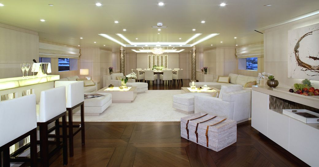 sleek, stylish and modern main salon aboard motor yacht ROMA