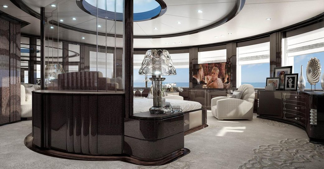 owner's suite on luxury charter yacht spectre, from benetti, with grey accents, glass furnishings, panoramic views and skylight