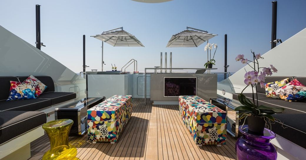 The colorful sundeck of luxury yacht Ocean Paradise