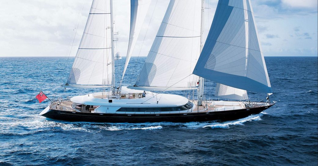 Sailing charter yacht ALMYRA II underway, surrounded by sea