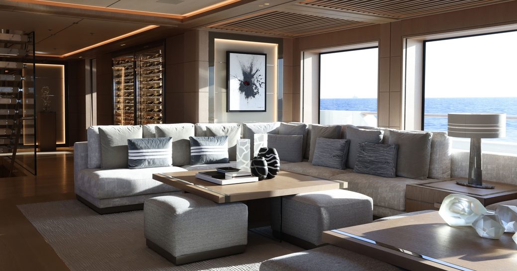 Overview of the lounge area onboard charter yacht ALCHEMY 