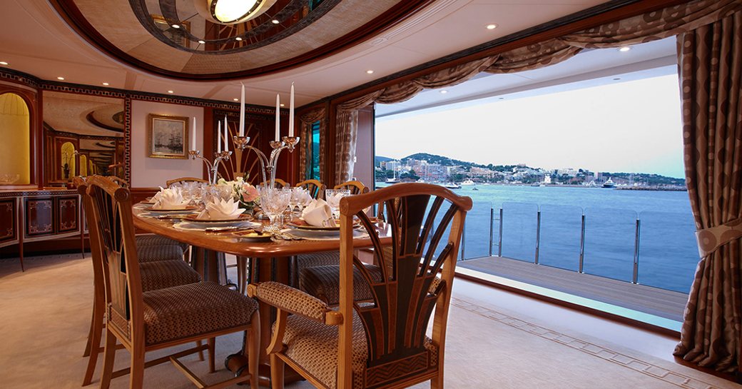 Side balcony projecting off dining salon on board motor yacht ‘Lady Christine’ 