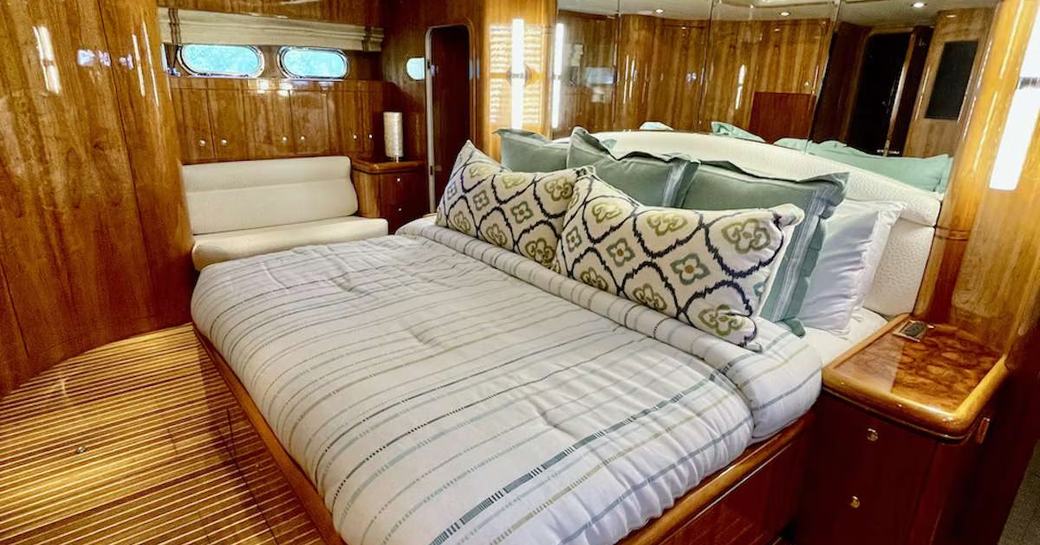 Overview of master cabin onboard charter yacht QARA